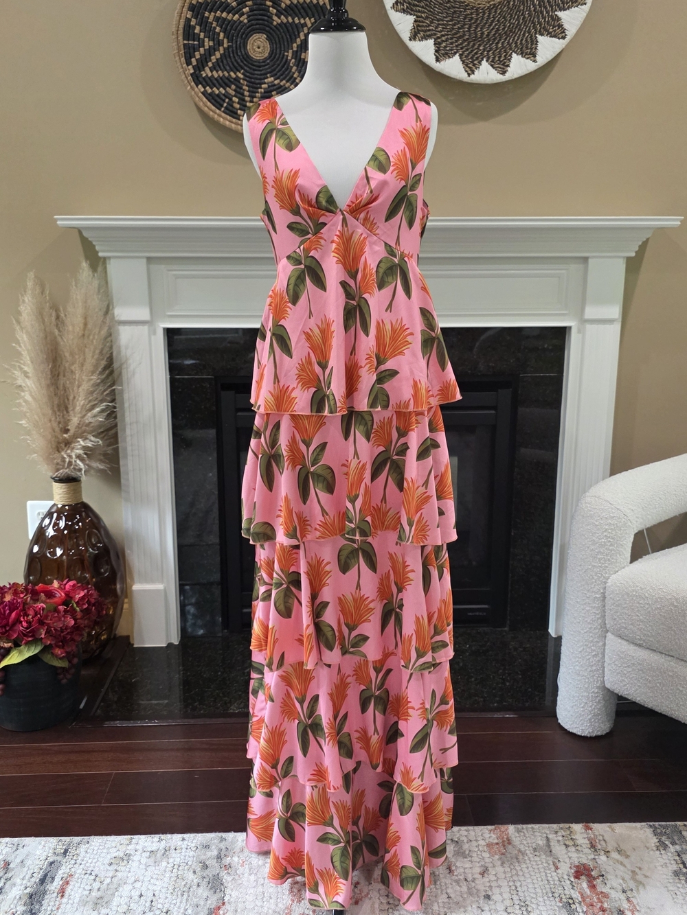 Lulus Tiered Pink Tropical Maxi Dress with Leaf Print